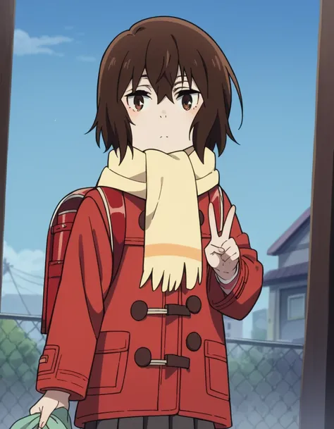 score_9, score_8_up, score_7_up, source_anime, <lora:kayo-hinazuki-s1-ponyxl-lora-nochekaiser:1>, kayo hinazuki, short hair, brown hair, brown eyes,, skirt, long sleeves, pleated skirt, scarf, coat, backpack, randoseru, red coat, yellow scarf,, laundry day...