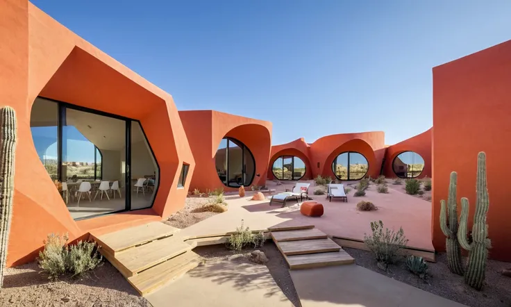 ArchiFlux, A dynamic desert retreat designed by MVRDV, with colorful, irregular forms that reflect the playful nature of the firm’s designs. The building incorporates shaded courtyards and open spaces that invite cool breezes in the arid environment. RAW p...