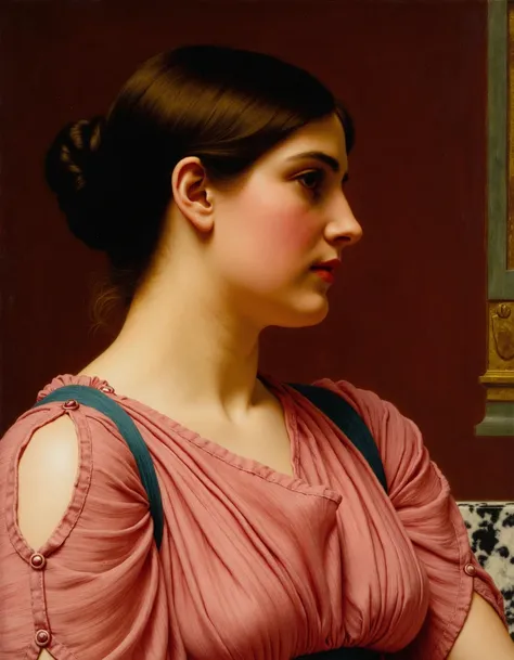 the painting by godward depicts a profile view of a woman with a classic neoclassical style. she has a fair complexion dark hair...