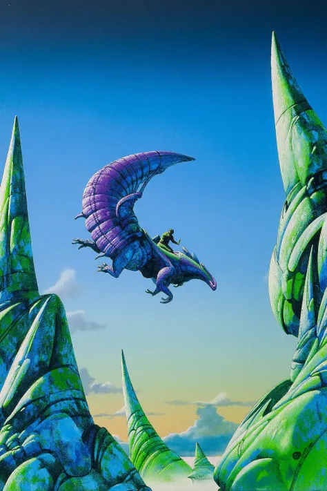 concept art album cover inspired by Roger Deans unique artistic style. A man riding in a flying giant robot winged vivid purple dragon. green and blue hues contrasting against a soft gradient sky that transitions from deep dark to light blue. The sculptura...