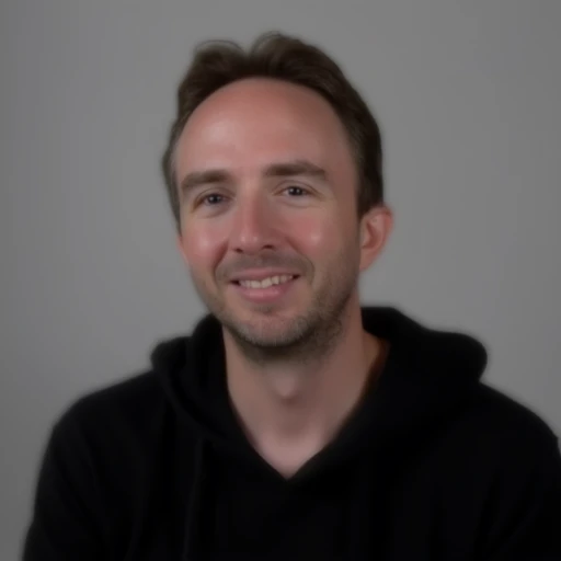 blurry, grey background, black shirt, portrait, hood, blurry background, realistic, simple background, smile, facial hair