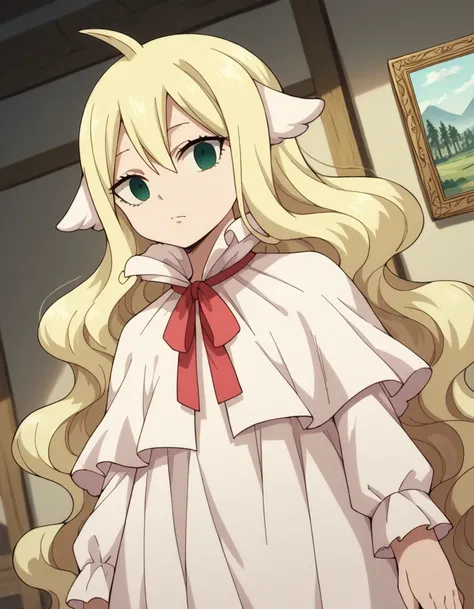 score_9, score_8_up, score_7_up, source_anime, <lora:mavis-vermillion-anime-ponyxl-lora-nochekaiser:1>, mavis, long hair, blonde hair, green eyes, ahoge, wavy hair, animal ears,, dress, white dress, collar, ribbon, red ribbon, capelet, long sleeves,, museu...