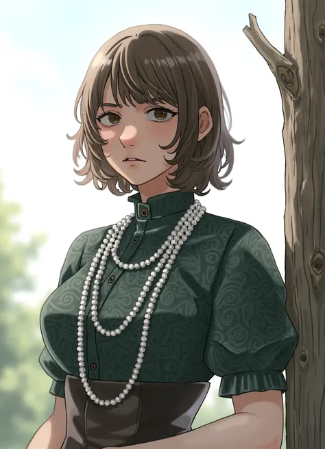 a anime-style illustration featuring a young woman with light olive skin and short, wavy brown hair. She is standing outdoors against a bright, clear sky, which suggests it is either early morning or late afternoon. The woman is wearing a dark green paisle...