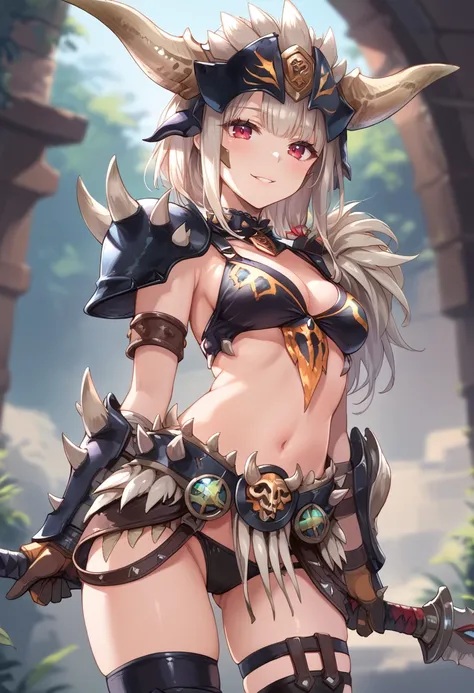 (score_9:0.9),score_8_up,score_7_up,rating_explicit,anime style,(zPDXL),(zPDXL3),<lora:Nergigante armor ponyXL v1:0.75>,nergigante armor,1girl,solo,red eyes,cleavage,smile,looking at viewer,navel,medium breasts,sword,cowboy shot,blurry,black bikini armor,s...