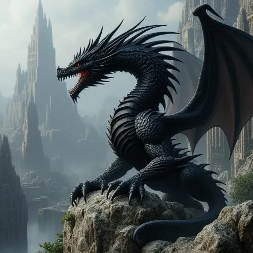 A Black angry Dragon with menacing scales, Magistic, Powerful, sitting over a Rock with a huge ancient structures in the background
