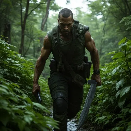 image a photorealistic depection of a catachan jungle fighter stealthily moves through the undergrowth holding a huge combat knife in his hand, stalking his prey