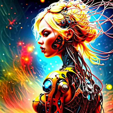 a fullbody of a woman with a head full of wires, karol bak uhd, beautiful digital artwork, blonde girl in a cosmic dress, 4k highly detailed digital art, digital art fantasy, digital art fantasy art, gorgeous digital art, digital fantasy art ), detailed fa...