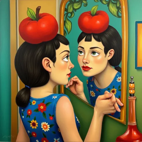 Abstract Surrealist cubist painting depicting a woman with green eyes and a red apple on her head looking at herself in the mirror. , <lora:Kristine_Froseth_FLUX_v1-000061:1>