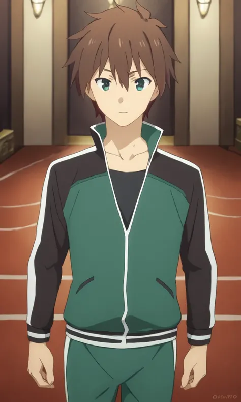 score_9, score_8_up, score_7_up, source_anime, anime illustration, masterpiece, best quality, lots of details, BREAK
1boy, solo, 18 years old, adult, kazumasatou, brown hair, looking at viewer, green eyes, short hair, bangs, hair between eyes, track suit, ...