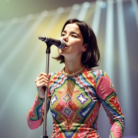 portrait of youngbjork, 20 year old woman, A professional photograph of a youngbjork standind, youngbjork, singing, singing in a colorful dress, microphone, photo of youngbjork