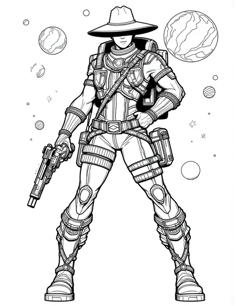 <lora:Lineart_v2_flux-000010:1>,lineartlora,A monochrome lineart of a cowboy in space, wearing a traditional wide-brimmed hat and a space suit with a rugged, Western twist. The cowboy has a strong, square jaw and a confident smirk, with one hand resting on...