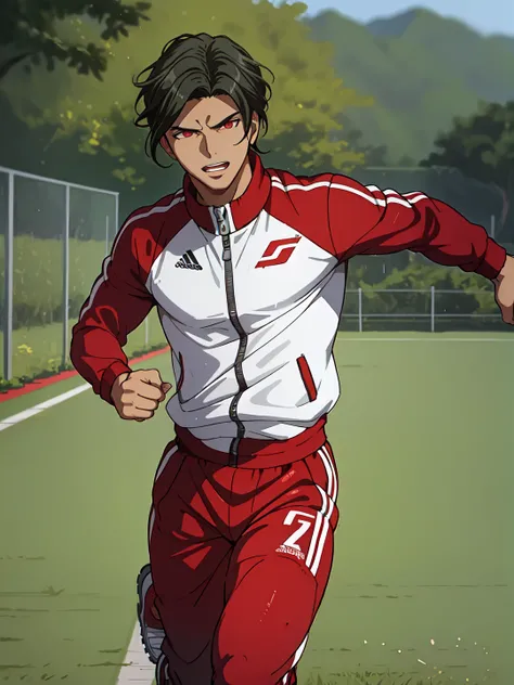 sakakura, 1boy, black hair, tanned skin, red eyes, male focus, Tracksuit, (running:1.2), <lora:Juzo_Sakakura_r1:0.65>