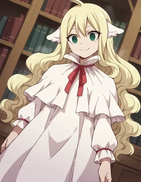 score_9, score_8_up, score_7_up, source_anime, <lora:mavis-vermillion-anime-ponyxl-lora-nochekaiser:1>, mavis, long hair, blonde hair, green eyes, ahoge, wavy hair, animal ears,, dress, white dress, collar, ribbon, red ribbon, capelet, long sleeves,, books...