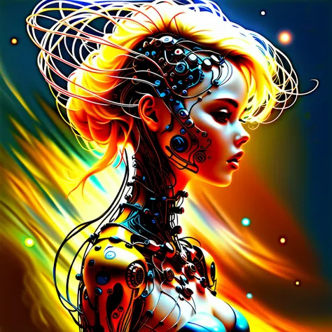 a fullbody of a woman with a head full of wires, karol bak uhd, beautiful digital artwork, blonde girl in a cosmic dress, 4k highly detailed digital art, digital art fantasy, digital art fantasy art, gorgeous digital art, digital fantasy art ), detailed fa...