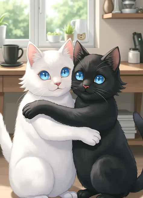 a anime-style illustration featuring two cats closely embracing each other. The cat on the left is entirely white, with striking blue eyes that reflect the light, giving them a shiny, almost luminescent appearance. The cat on the right is entirely black, w...