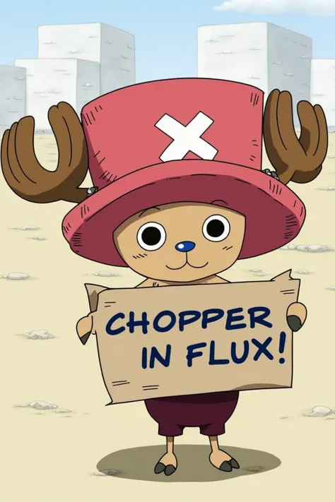 chopper holding a signs that says: "Chopper in Flux!".