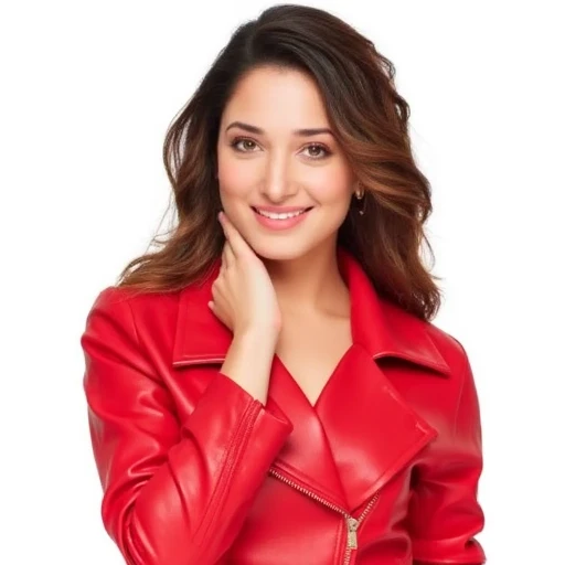 looking at viewer, brown eyes, simple background, upper body, long hair, earrings, smile, realistic, red jacket, 1girl