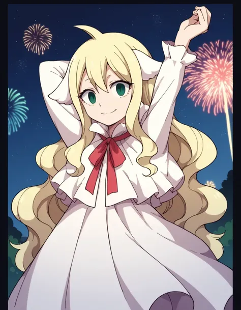 score_9, score_8_up, score_7_up, source_anime, <lora:mavis-vermillion-anime-ponyxl-lora-nochekaiser:1>, mavis, long hair, blonde hair, green eyes, ahoge, wavy hair, animal ears,, dress, white dress, collar, ribbon, red ribbon, capelet, long sleeves,, festi...