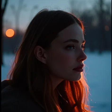 Instagram photo of a woman with freckles on her face in the winter outdoors silhouette illumination of her hair. Taken with a ProPhoto iPhone camera. , <lora:Kristine_Froseth_FLUX_v1-000061:1>