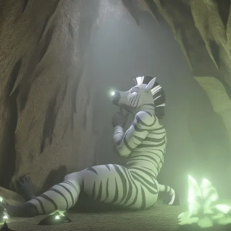 Ue5, UE5, UnrealEngine5, Unreal_Engine_5, Unreal Engine 5, 3d models, cgi, 3d model, video game, dynamic lighting, volumetric lighting, solo, male, furry, zebra, exploring a cave, light particles, subsurface reflection, hdr, illuminated cave, glowing mushr...