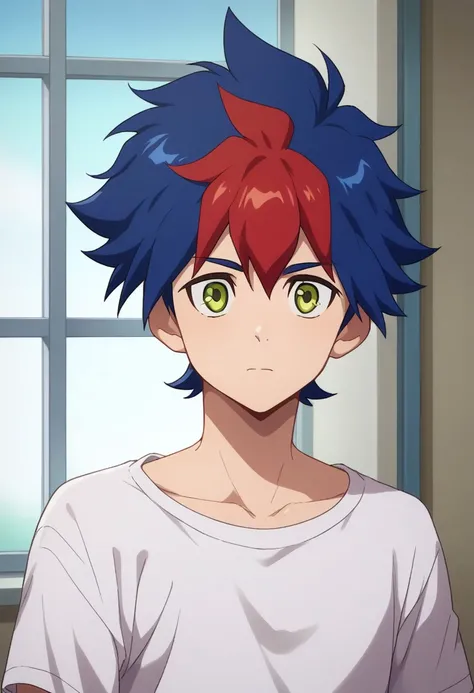 score_9, score_8_up, score_7_up, source_anime, highly detailed, 
Tenryu, 1boy, male focus, green eyes, blue hair, solo, multicolored hair, red hair,  two-tone hair, upper body, t-shirt, white shirt, collarbone, curious, upper body,
indoor, window,