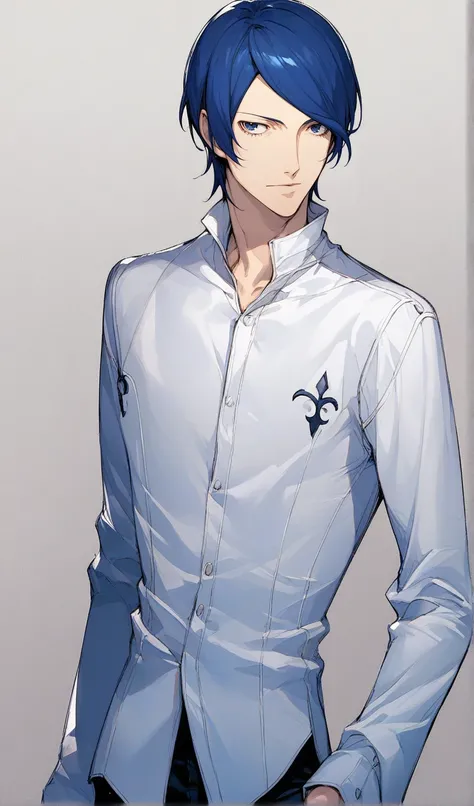 ,yusuke_kitagawa,1boy,male focus,solo,blue hair,blue eyes,white shirt,pants,long sleeves,standing,skinny,score_9,score_8_up,score_7_up,source_anime,simple background,white background,<lora:yusuke:0.9>