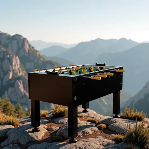 a tornadoT3000 a tornado foosball table is positioned centrally in the image, its on top of a mountain, bokhe background