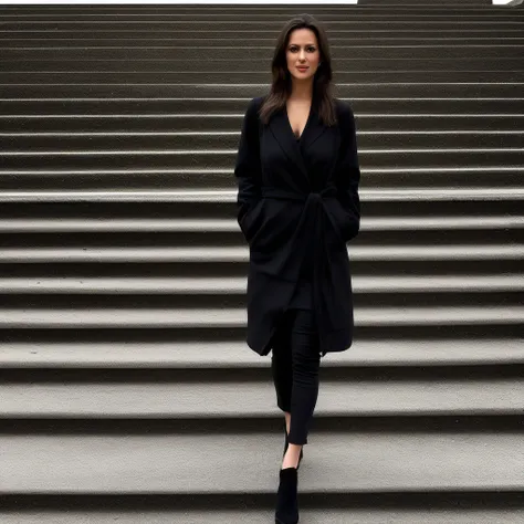 ground vehicle, black footwear, shirt, realistic, simple background, stairs, dress, pants, day, black dress, coat