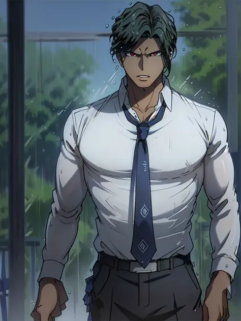 sakakura, 1boy, black hair, tanned skin, red eyes, male focus, open mouth, shirt, blue necktie, wet, <lora:Juzo_Sakakura_r1:0.8>