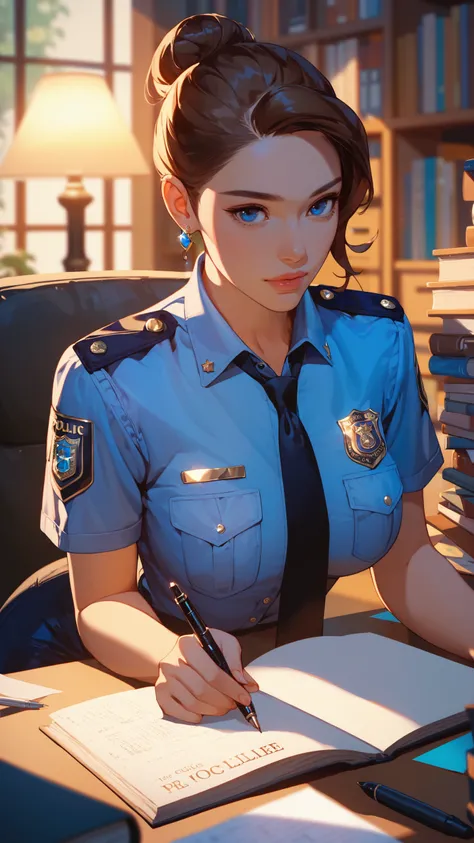 score_9, score_8_up, score_7_up, 1girl, solo, blue eyes, brown hair, jewelry, sitting, earrings, necktie, indoors, hair bun, blurry, uniform, lips, book, blurry background, single hair bun, paper, bookshelf, pen, lamp, police, police uniform, policewoman, ...