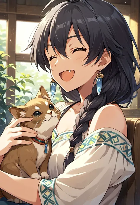 score_9, score_8_up, score_7_up, source_anime,ganaha hibiki, long hair, black hair,  1girl, earrings, jewelry, braid, closed eyes, smile, fang, hair over shoulder, solo, antenna hair, animal, open mouth