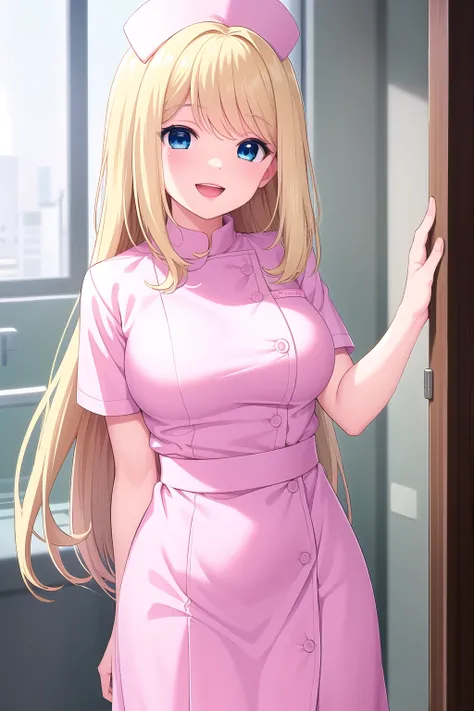 (masterpiece, best quality), highly detailed background, perfect lightingbest quality, chloelemaire, solo, indoors, hospital, nurse, nurse cap, blonde hair, swept bangs, very long hair, blue eyes, medium breasts, white dress, smile, open mouth, :d, pink li...