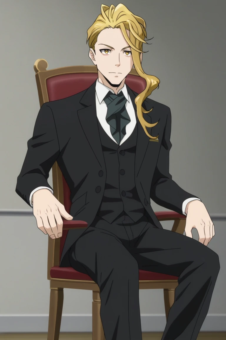 1man, solo, male focus, sitting over chair, lupin,yellow eyes,blonde hair,ascot,tuxedo