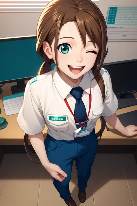 score_9, score_8_up, score_7_up, score_6_up, source_anime, 1girl, solo,  <lora:rnnae-pdxl-nvwls-v1-000005:1> tennoujinae, brown hair, low twintails, turquoise eyes, white shirt, collared shirt, short sleeves, dark blue necktie, lanyard, blue pants, happy, ...