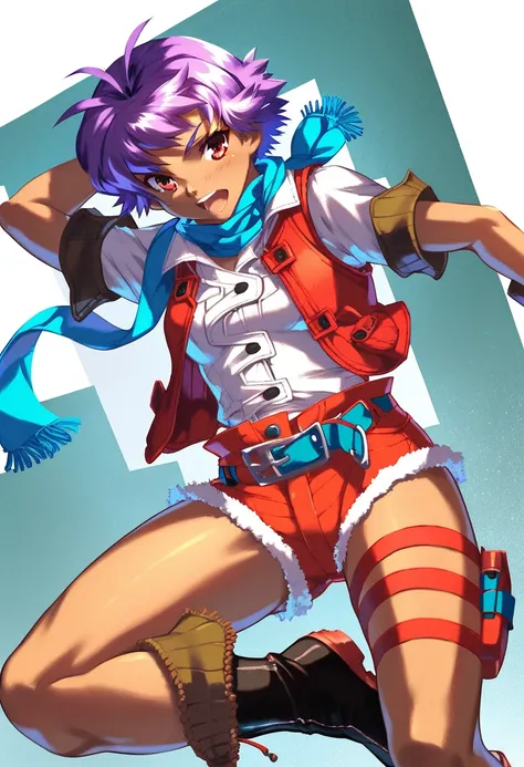 score_9, score_8, score_7, 1girl, solo, BREAK

sheldiaRouge, purple hair, boots, shorts, belt, scarf, vest, dark-skinned female, thigh strap, red shorts, short hair