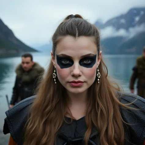 Instagram selfie of a nordic viking warrior princess with black warpaint under her eyes. There is a beautiful norwegian fjord in the background and other viking troops walking past her. She looks fierce and beautiful yet calm. , <lora:Kristine_Froseth_FLUX...