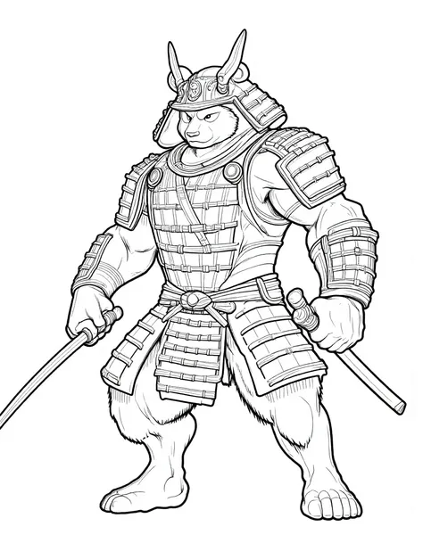 <lora:Lineart_v2_flux-000010:1>,lineartlora,A monochrome lineart of a panda dressed as a fierce samurai. The panda stands upright, with a stocky, powerful build, wearing traditional samurai armor, including shoulder plates, chest armor, and a waist sash. T...