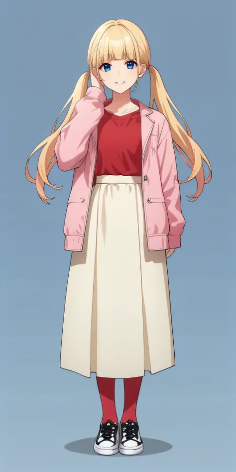 score_9, score_8_up, score_7_up, source_anime, rating_safe, intricate details, anime screencap, official style, 1girl, <lora:Narumi_Sena:1>, blonde hair, blunt bangs, blue eyes, twin tails, floating hair, red shirt, pink jacket, beige long skirt, red socks...