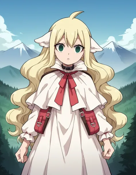 score_9, score_8_up, score_7_up, source_anime, <lora:mavis-vermillion-anime-ponyxl-lora-nochekaiser:1>, mavis, long hair, blonde hair, green eyes, ahoge, wavy hair, animal ears,, dress, white dress, collar, ribbon, red ribbon, capelet, long sleeves,, mount...