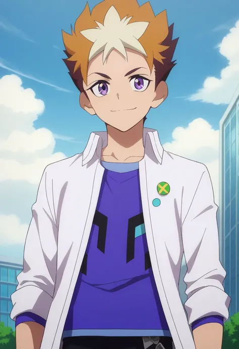 score_9, score_8_up, score_7_up, source_anime, highly detailed, 
subaru, 1boy, male focus, solo, shirt, purple eyes, smile, pants, brown hair, open clothes, multicolored hair, black pants, blue shirt, orange hair, two-tone hair, spiked hair, purple shirt, ...