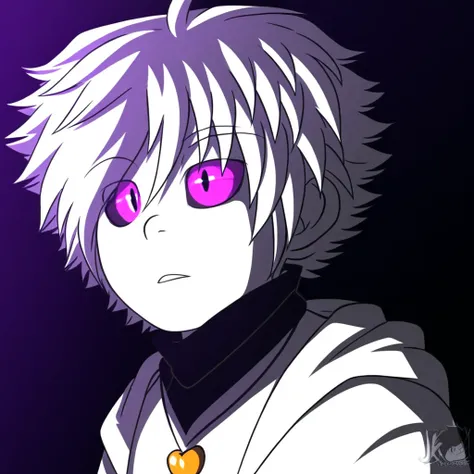 male focus, parody, turtleneck, parted lips, solo, colored sclera, necklace, hood, white hair