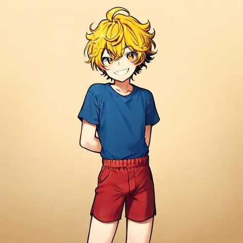 Yugi de Koning, human, male, blonde hair, yellow eyes, slim, short, blue shirt, red shorts, standing, smile, solo, 1boy, color