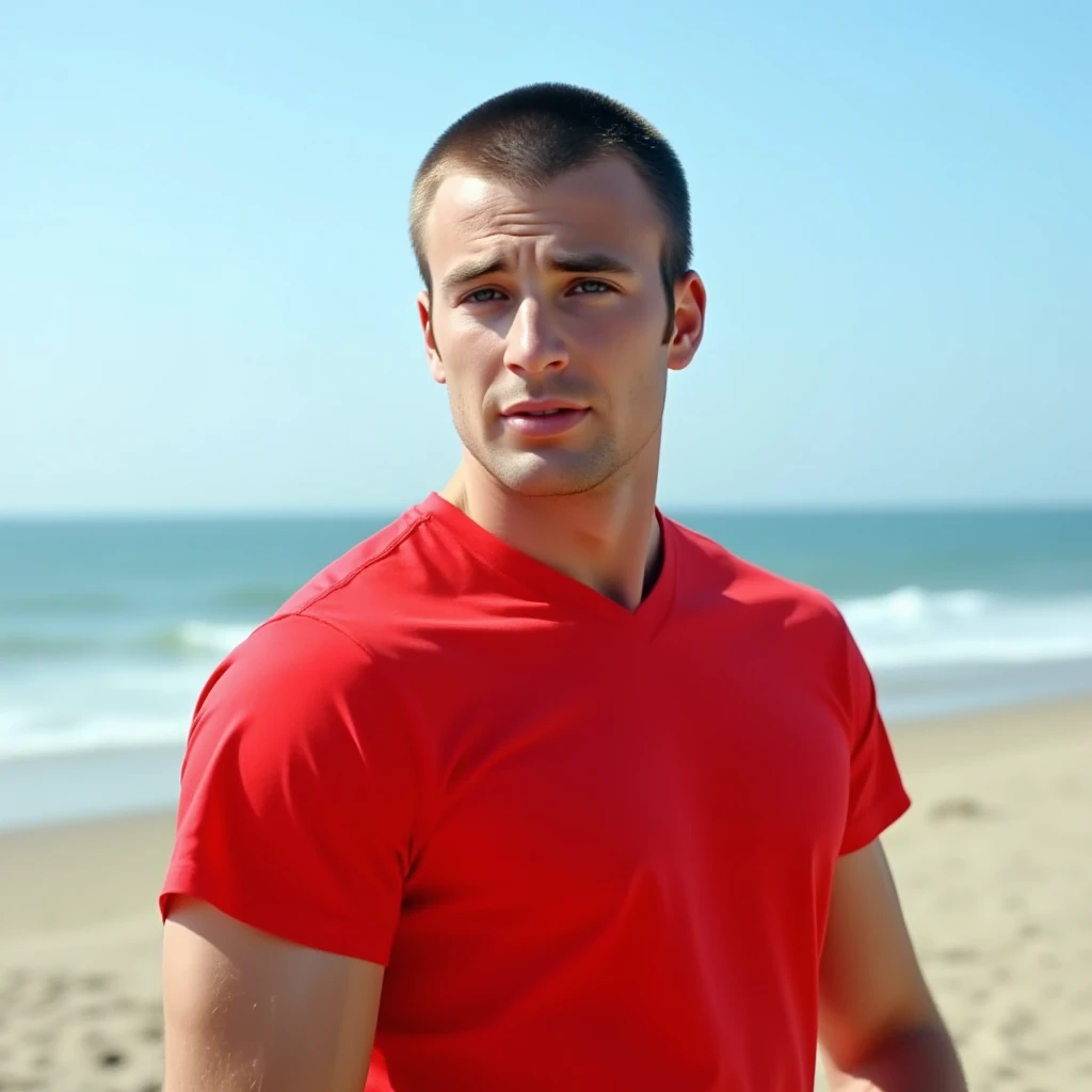 photo of a man wearing a red shirt at a beach looking at viewer