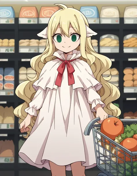 score_9, score_8_up, score_7_up, source_anime, <lora:mavis-vermillion-anime-ponyxl-lora-nochekaiser:1>, mavis, long hair, blonde hair, green eyes, ahoge, wavy hair, animal ears,, dress, white dress, collar, ribbon, red ribbon, capelet, long sleeves,, groce...