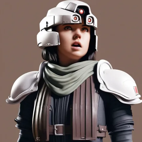 shinra-security, 1girl, solo focus, scarf, armor, helmet, looking at viewer, shoulder armor, brown hair, solo focus, open mouth, realistic, brown eyes, black hair, lips