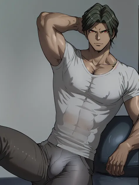 sakakura, 1boy, black hair, tanned skin, red eyes, collarbone, male focus, <lora:Juzo_Sakakura_r1:0.65>