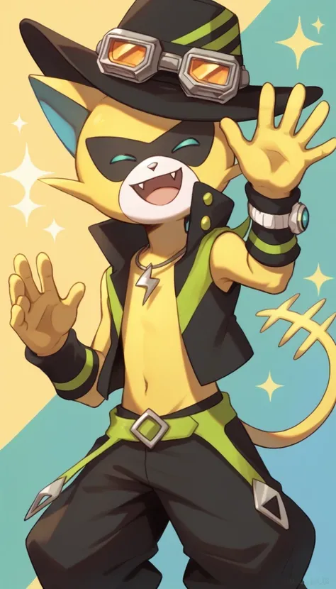 score_9, score_8, masterpiece, high quality, wild boy, yellow body, blue eyes, cat, cowboy hat, goggles, baggy pants, wrist sweatbands, 1boy, furry, furry male, solo, happy, closed eyes, open mouth, fangs, abstract, waving at viewer