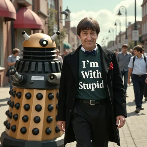 epic cinematic shot of dynamic hyper realistic art DocWho2 is at a funpark walking side by side with a dalek, his tshirt stays "Im With Stupid",hq, high quality . extremely high-resolution details, photographic, realism pushed to extreme, fine texture, inc...