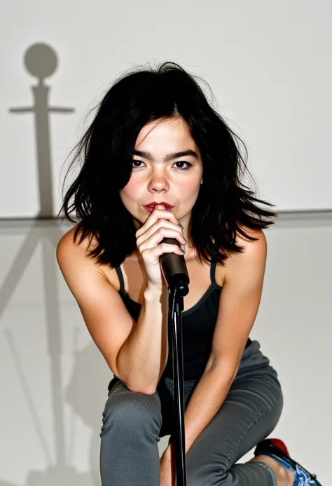 youngbjork, microphone, sleeveless, shadow, finger to mouth, microphone stand, shoes, shirt, lipstick, realistic, web address