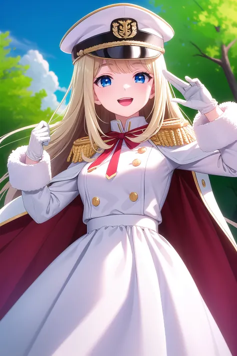 (masterpiece, best quality), highly detailed background, perfect lightingbest quality, chloelemaire, solo, outdoors, nature, military, military hat, white headwear, blonde hair, swept bangs, very long hair, blue eyes, medium breasts, red cape, peaked cap, ...